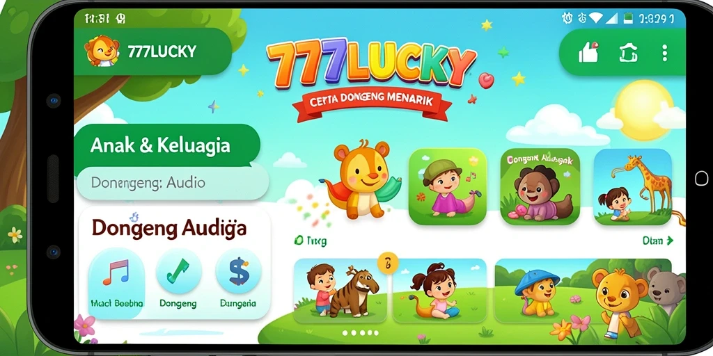 Antarmuka aplikasi 777LUCKY yang ramah anak untuk pengalaman Dongeng Audio.